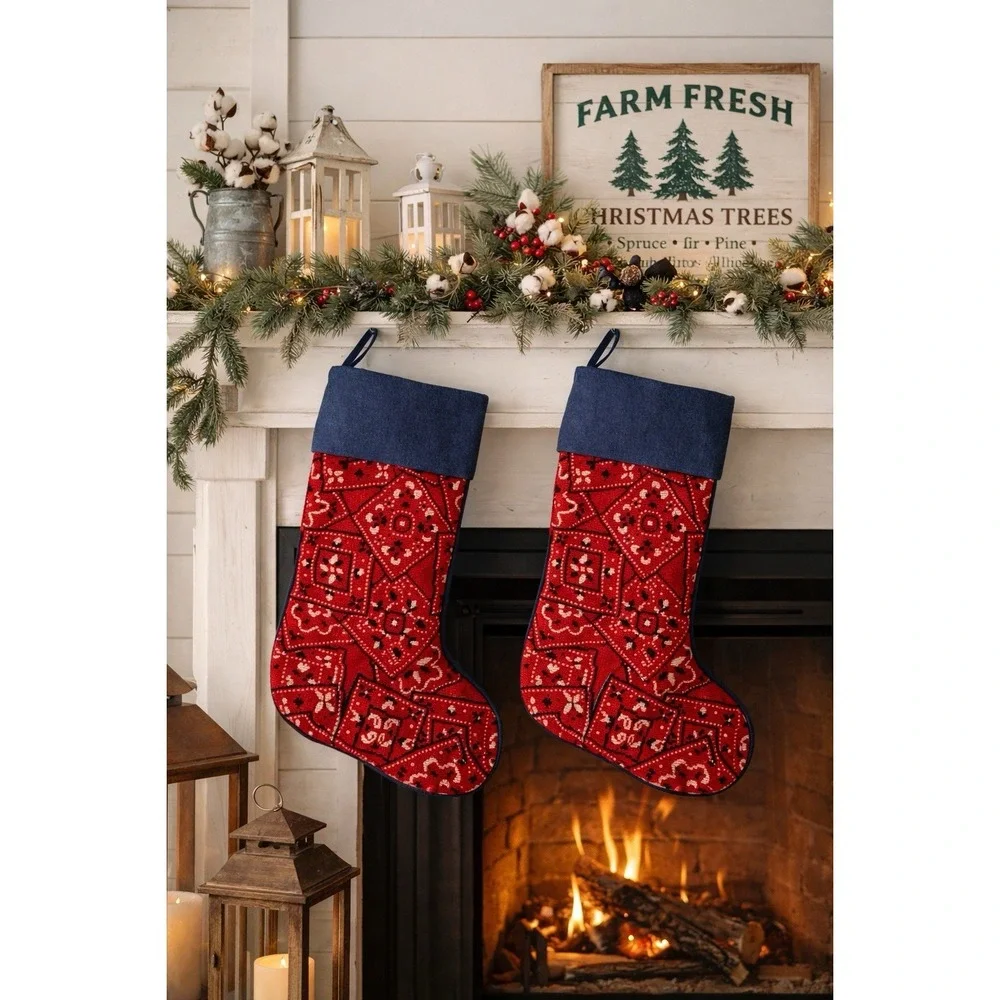 Vintage Needlepoint Christmas Stocking Wool Red Bandana Denim Large‎ Set Of 2